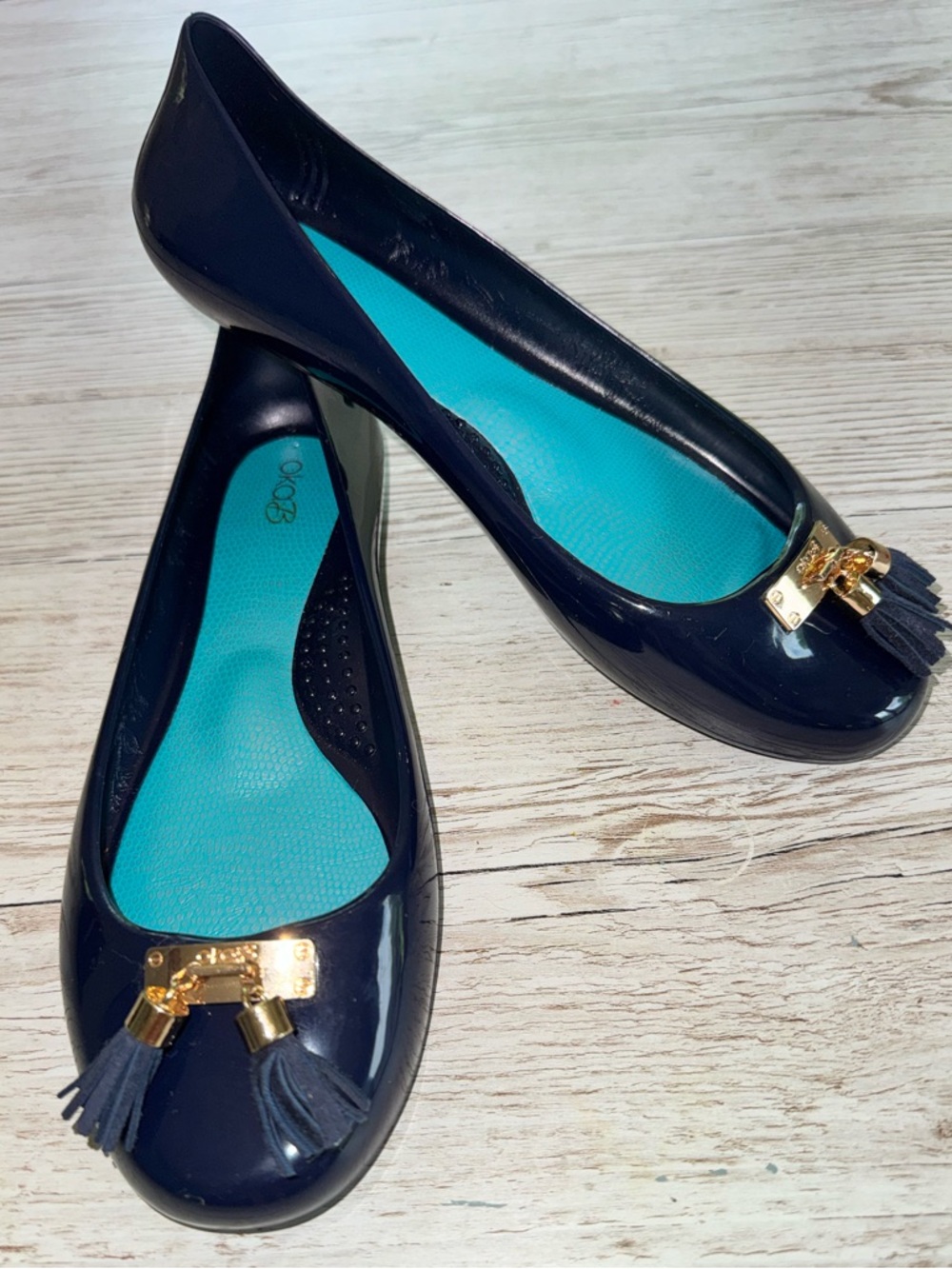 OKA b. Navy Patent Ballet Flats with Gold Tassel Detail 8